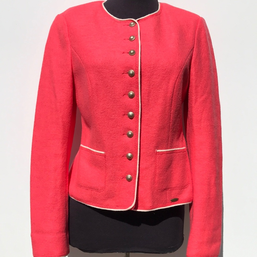 Coral Boiled Wool & Cotton Blazer with Cream Trim